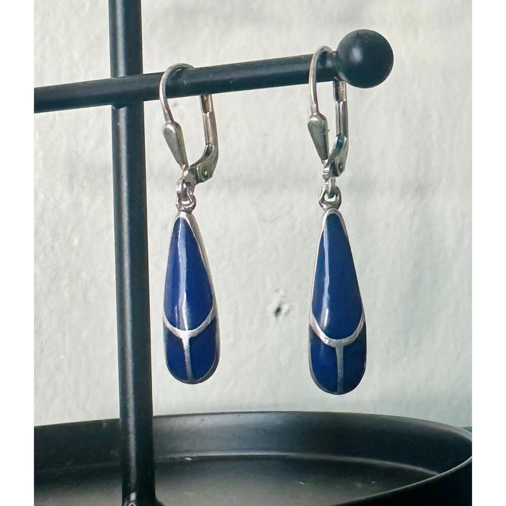 Sterling & Inlaid Blue Lapis Southwest Drop Earrings, 1.5”